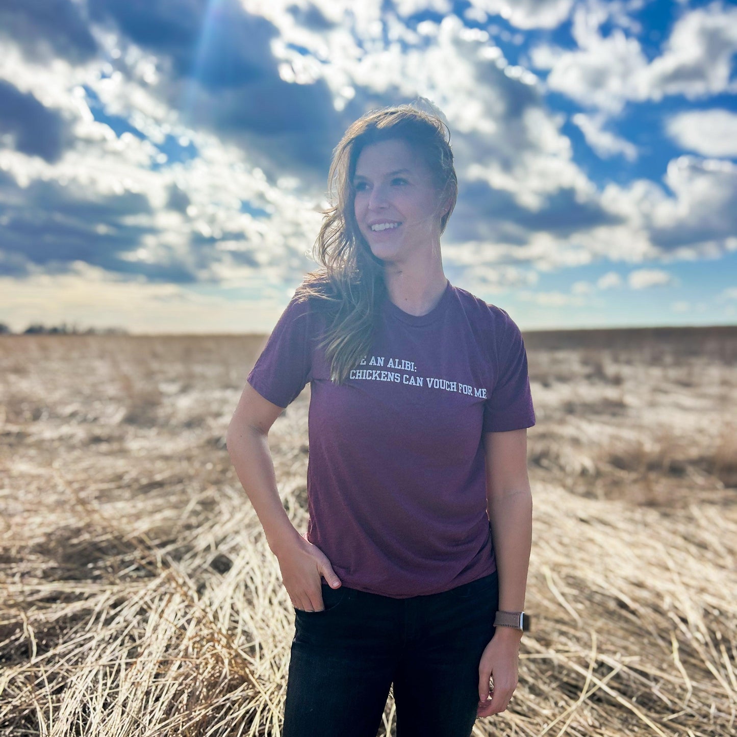 'I have an alibi: my chickens can vouch for me' Maroon Tee - American Farm Company