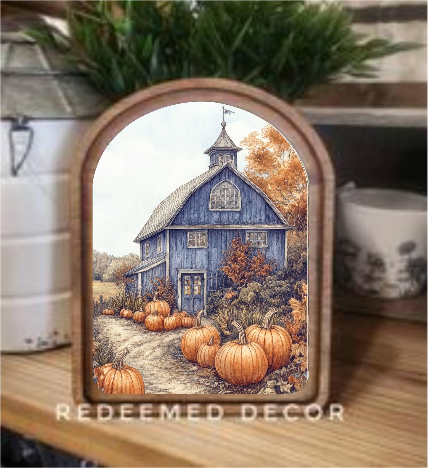 Blue Fall Barn Arch Top Framed Art