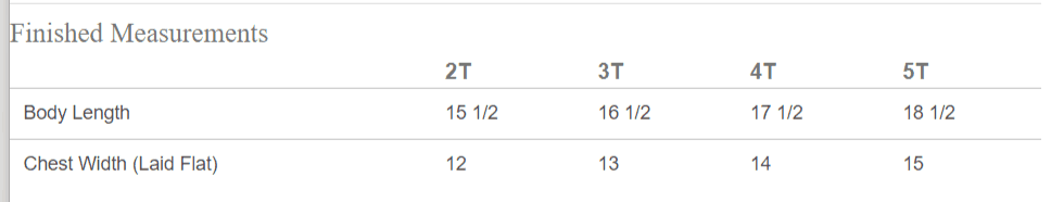 Size chart table for youth farmstead apparel, listing body length and chest width in inches for 2T to 5T, supporting American Farm Company’s focus on rugged, heritage-inspired rural lifestyle clothing.