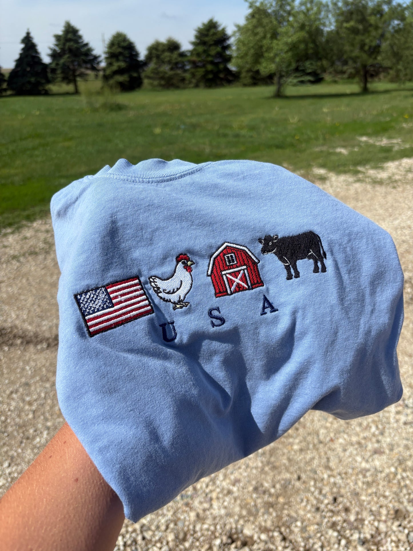 Embroidered 'USA' Farm Life Blue Tee