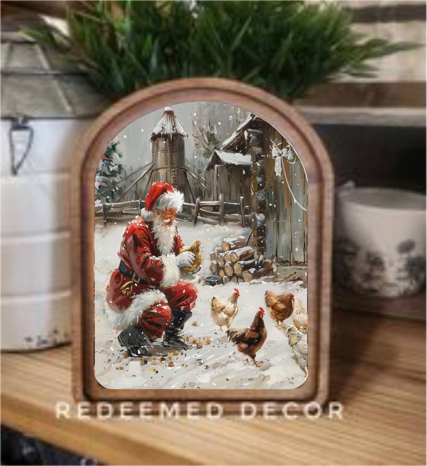 Santa With Chickens Arch Top Framed Art