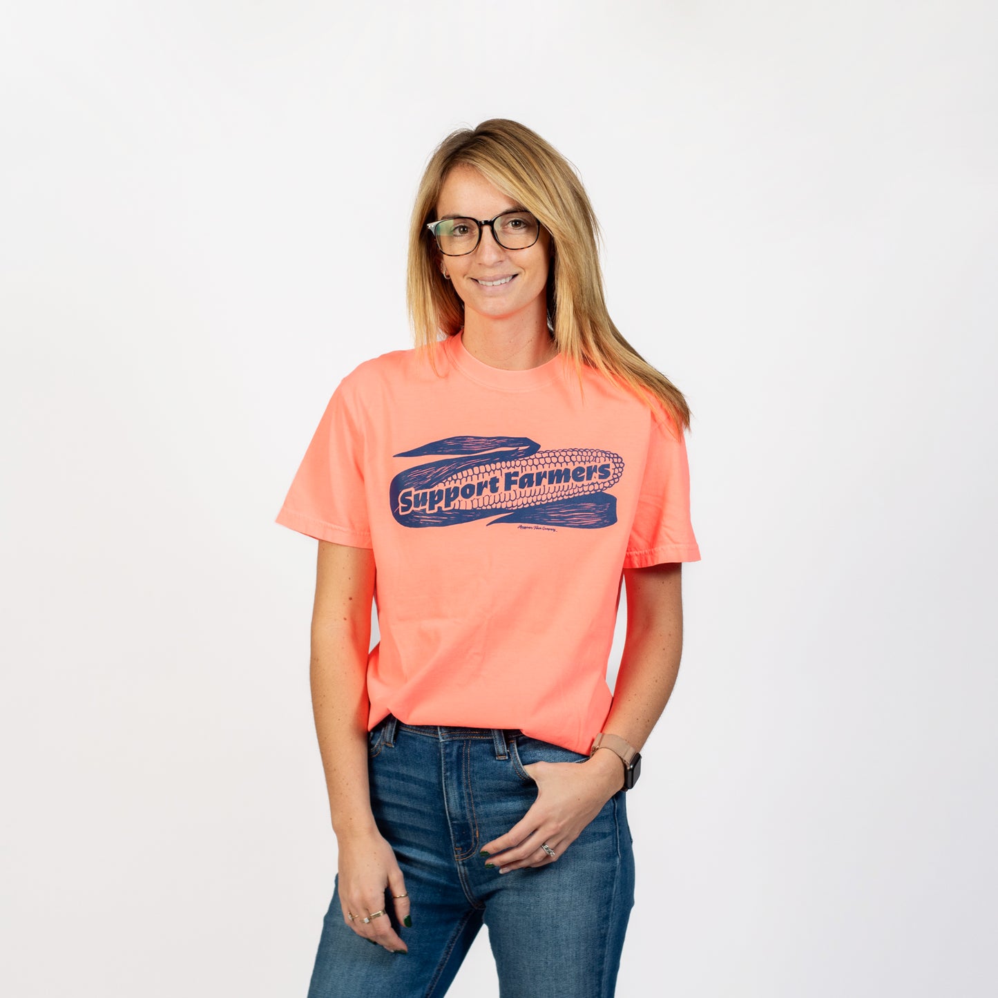 Retro Corn 'Support Farmers' Neon Orange Tee - American Farm Company