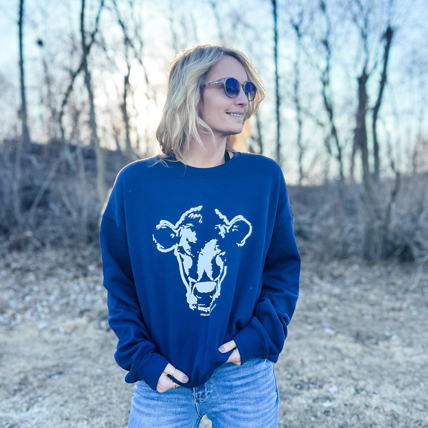 Watercolor Cow Navy Crewneck - American Farm Company