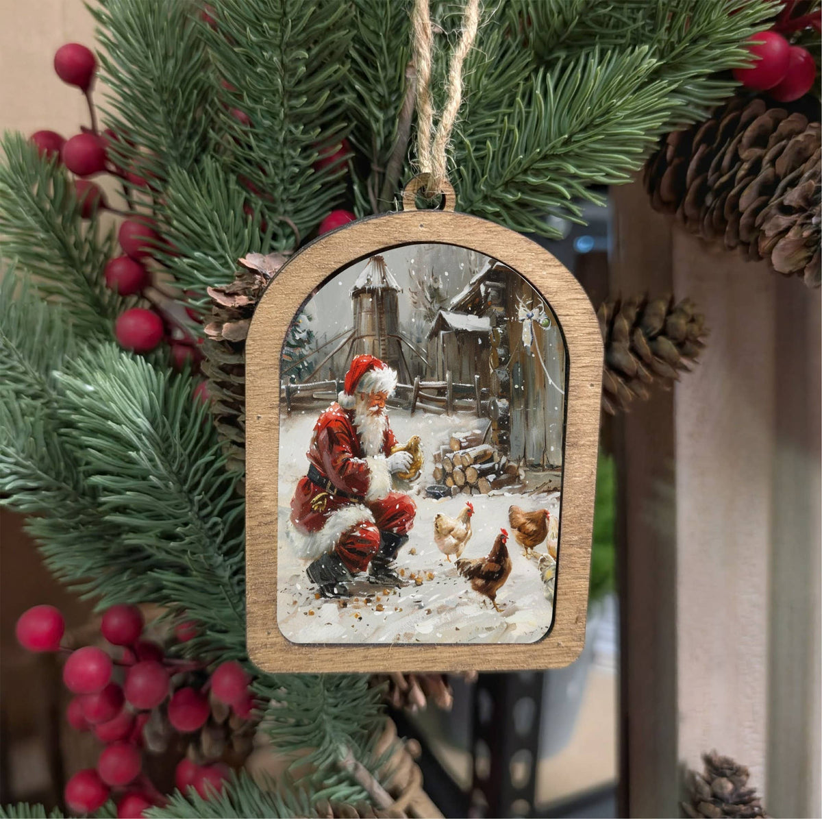 Santa With Chickens Canvas Arch Ornament