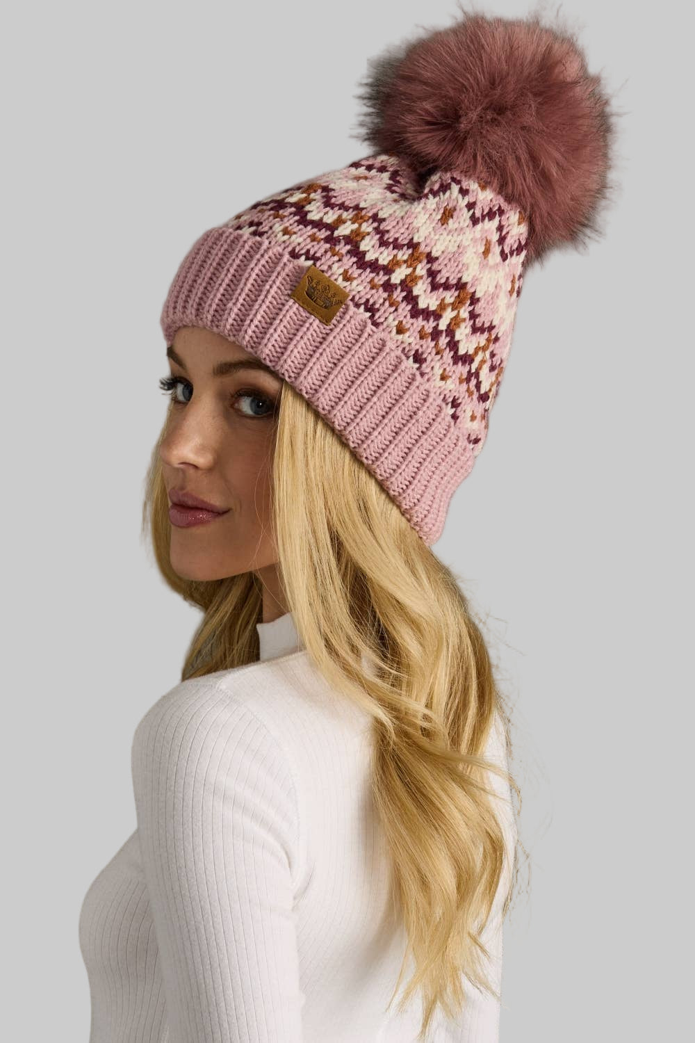 Pink, White & Rust Patterned Pom Hat