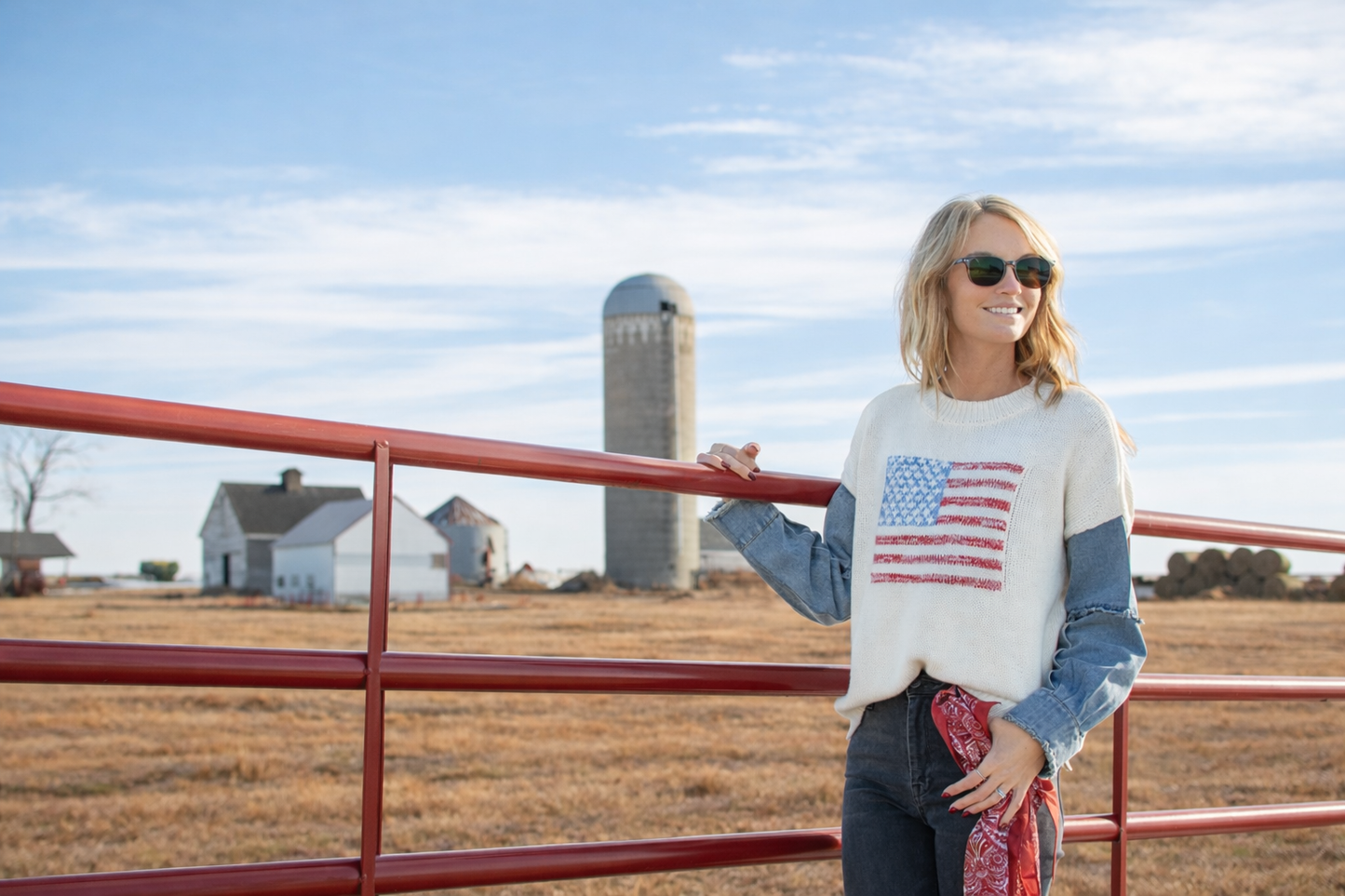 American Flag Sweater w/ Denim Sleeve