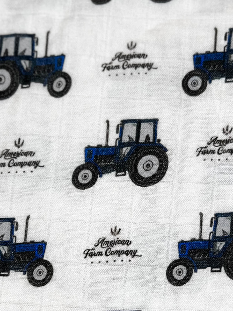 Oversized Blue Tractor Muslin Blanket American Farm Company