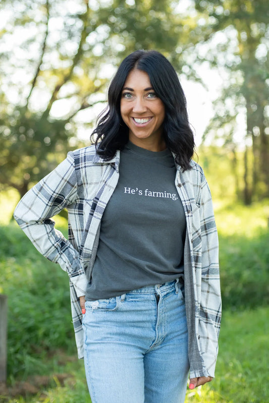 Black, Lt. Gray & Brown Plaid Button Up