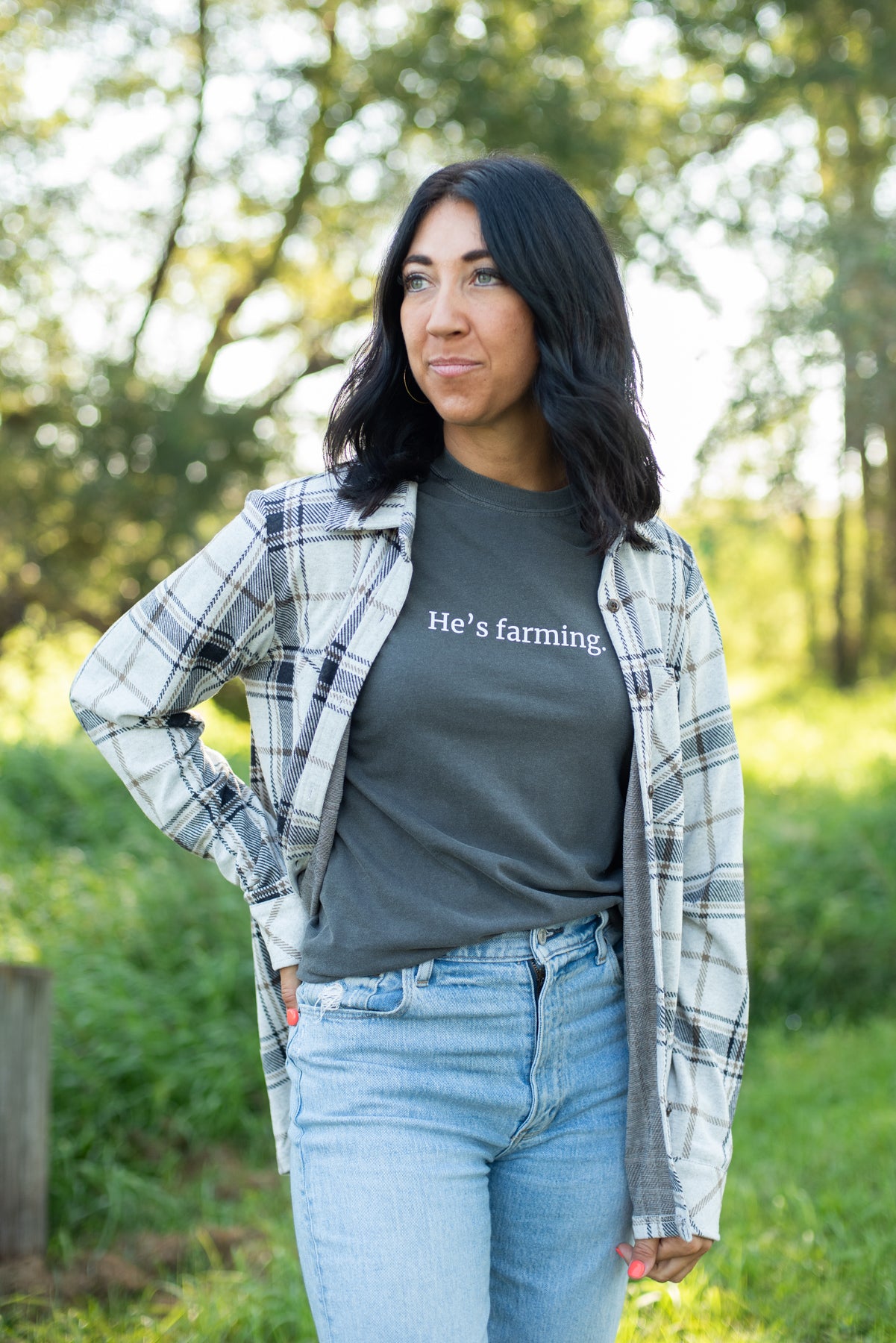 Black, Lt. Gray & Brown Plaid Button Up