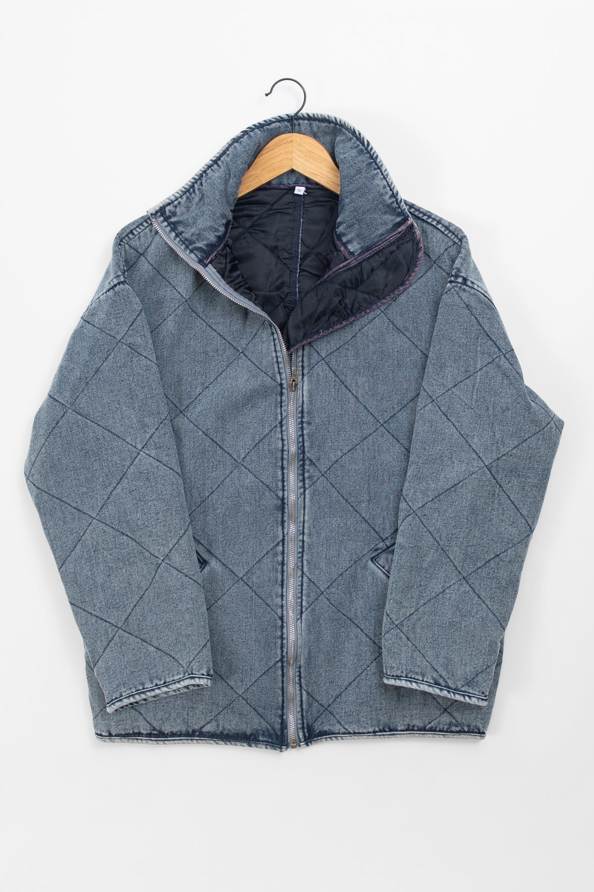 Blue Washed Quilted Zipper Denim Jacket