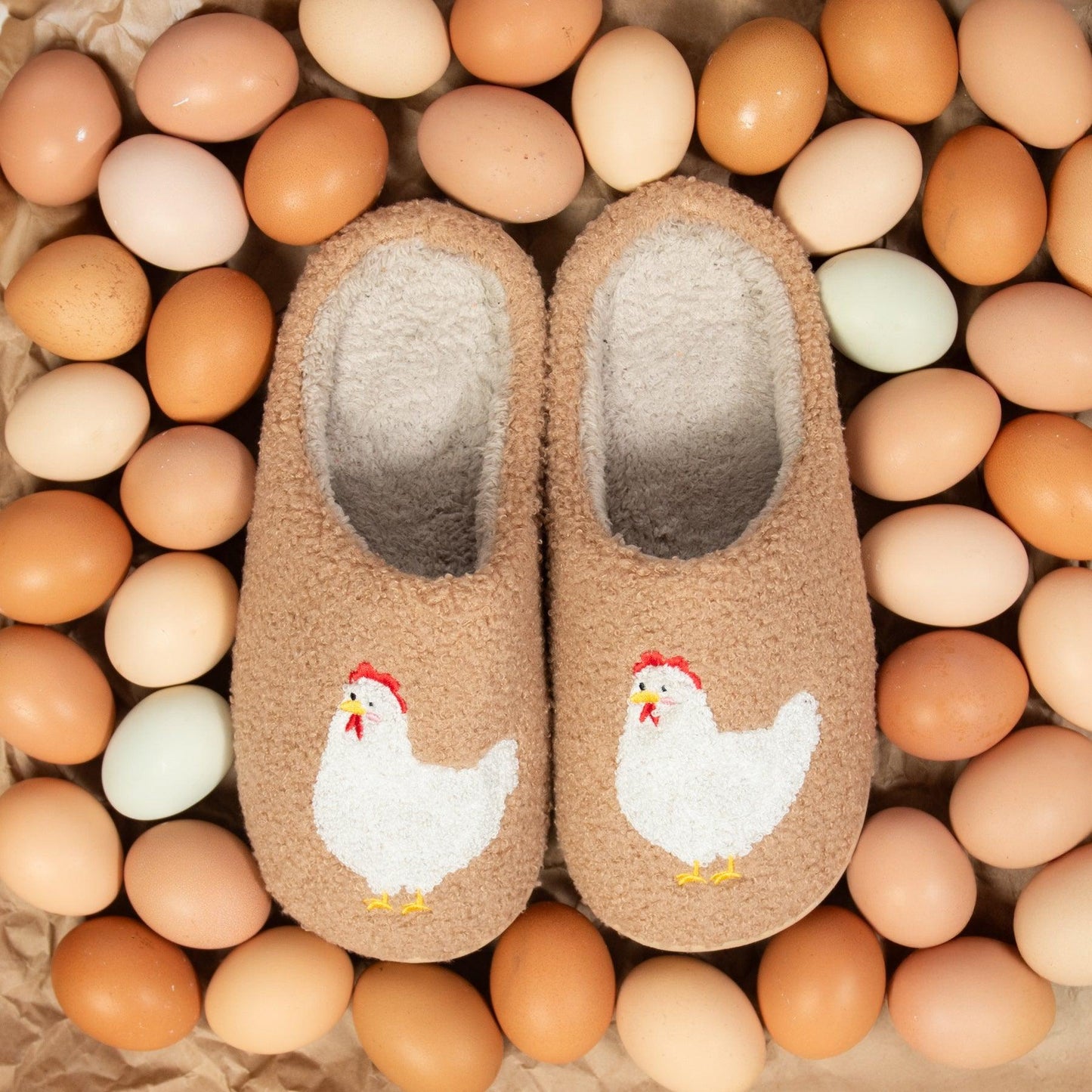 Brown Fuzzy Chicken Slippers - Adult