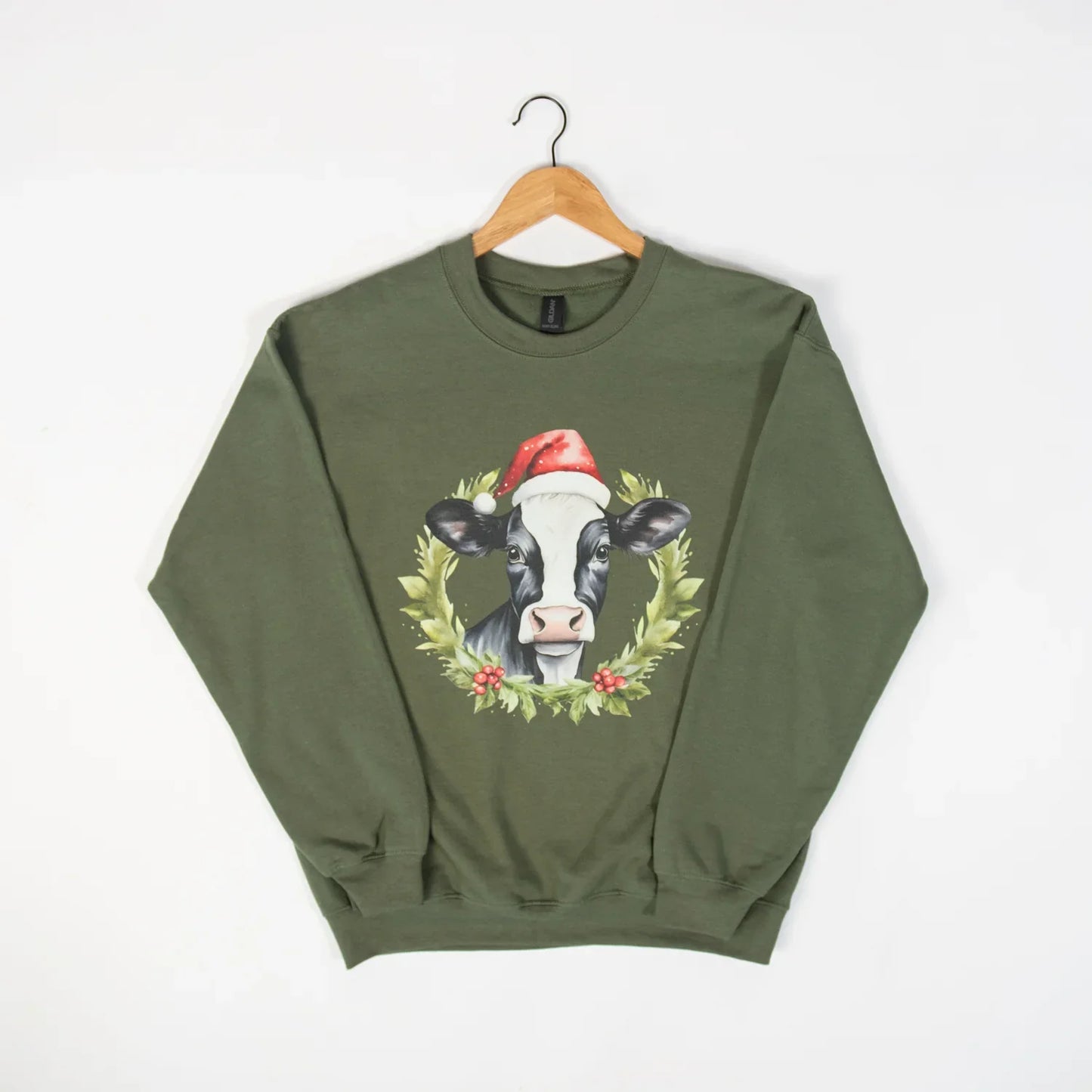Christmas Cow Olive Crewneck - American Farm Company