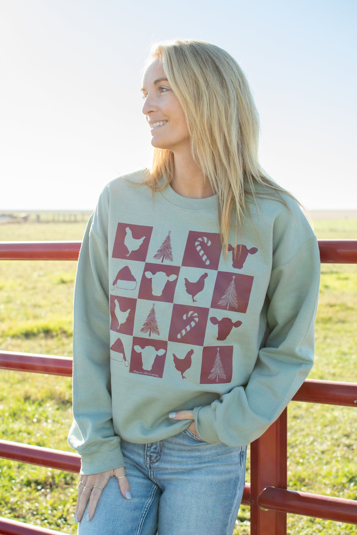 Christmas Farm Checkers Green Crewneck