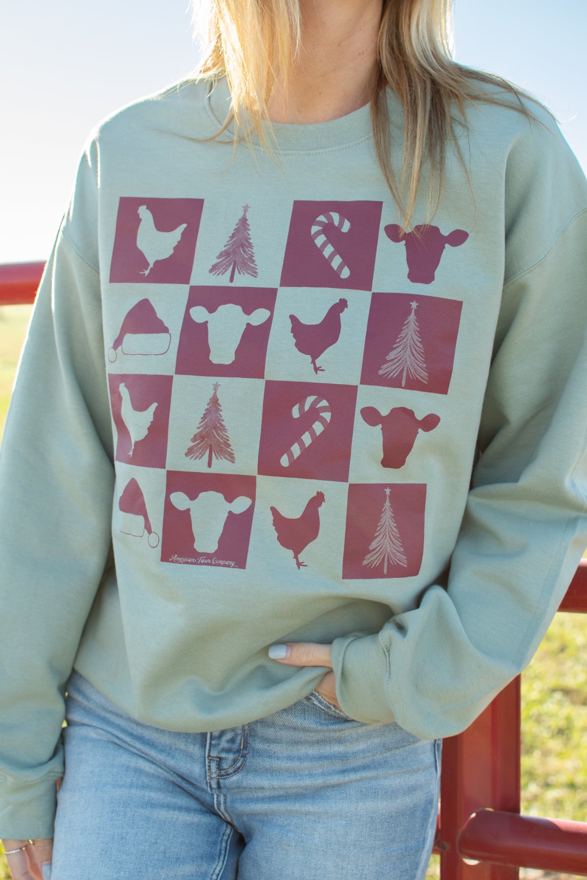 Christmas Farm Checkers Green Crewneck