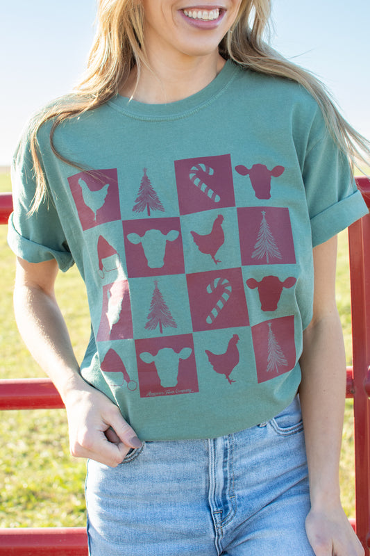 Christmas Farm Checkers Green Tee
