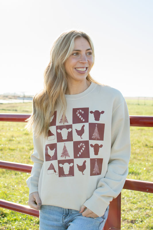 Christmas Farm Checkers Ivory Crewneck