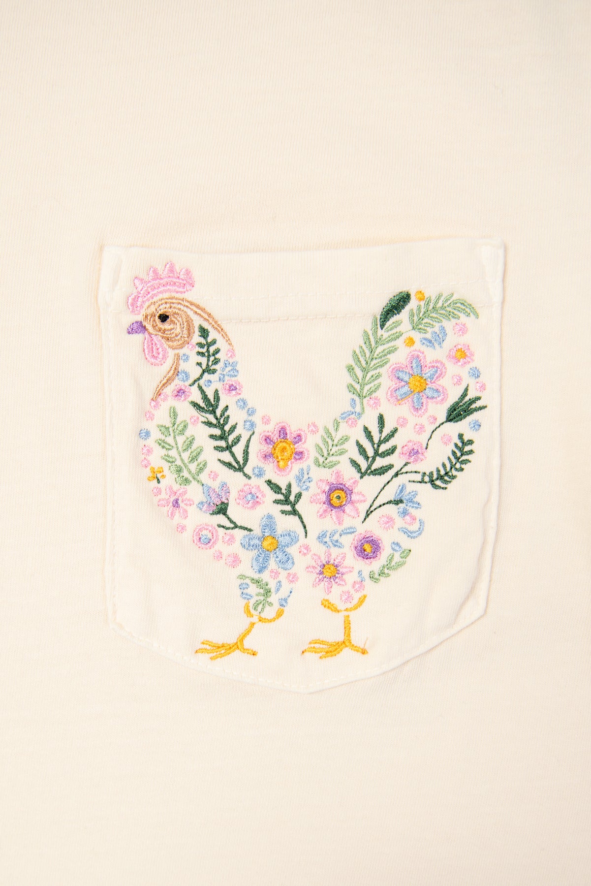 Embroidered Floral Chicken Pocket Ivory Tee