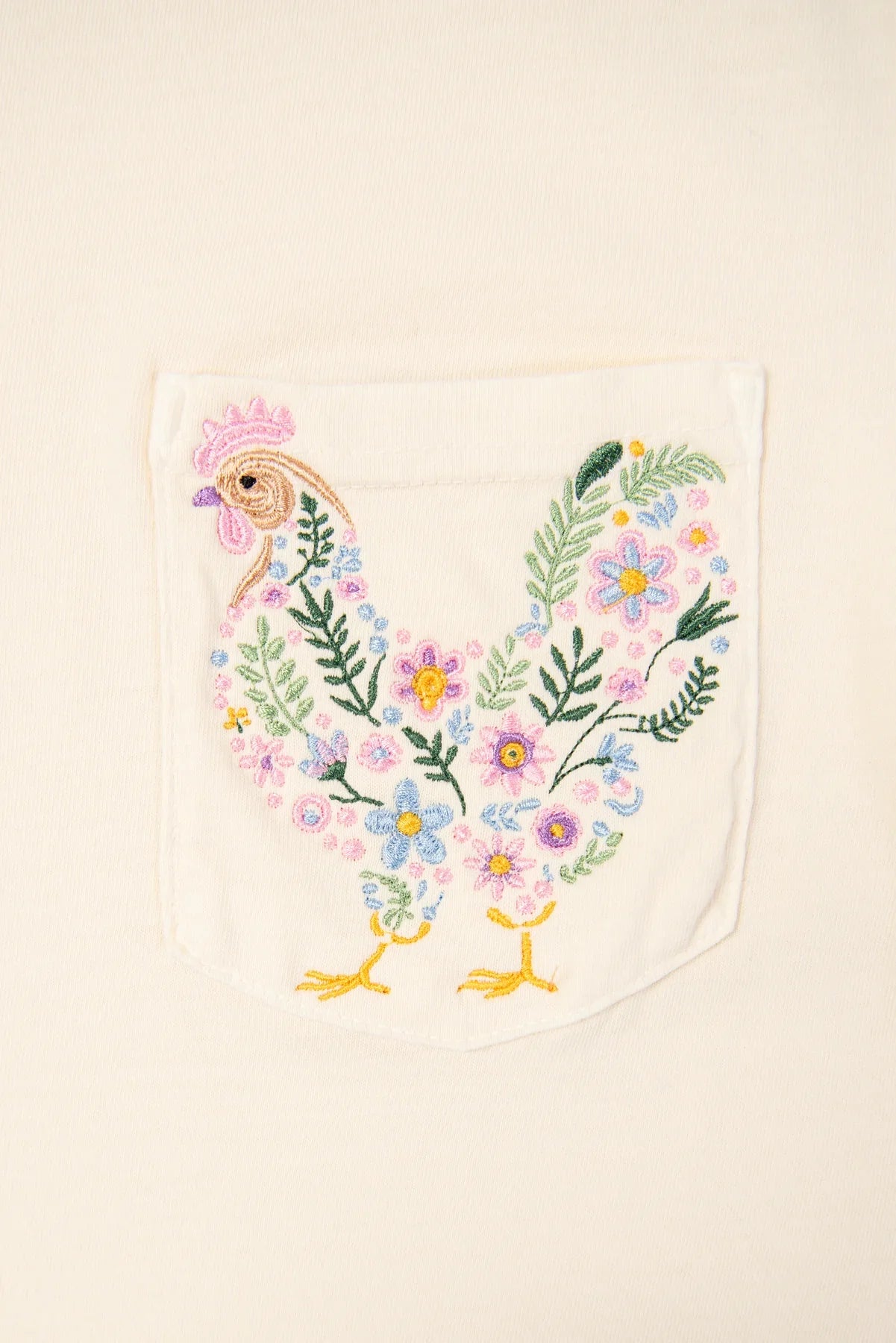 Embroidered Floral Chicken Pocket Ivory Tee