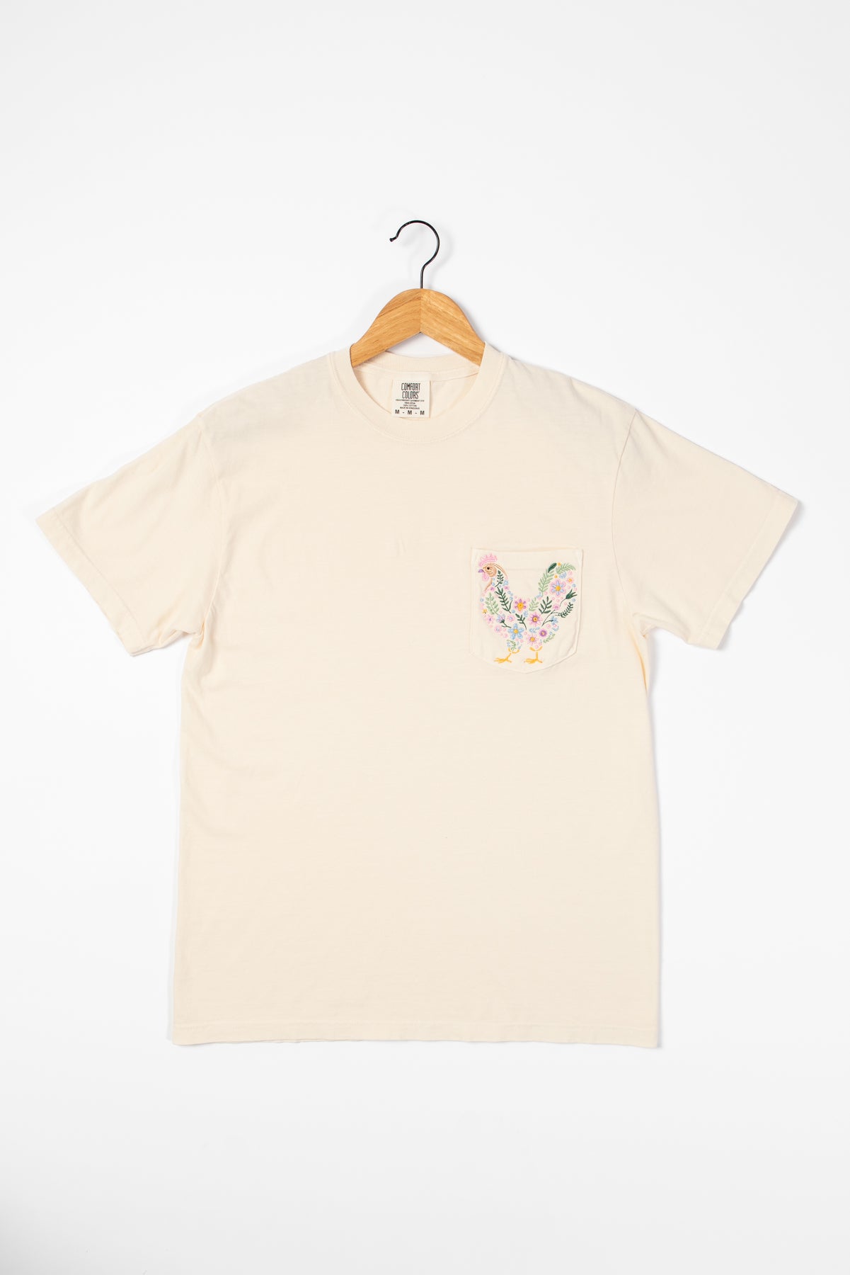 Embroidered Floral Chicken Pocket Ivory Tee
