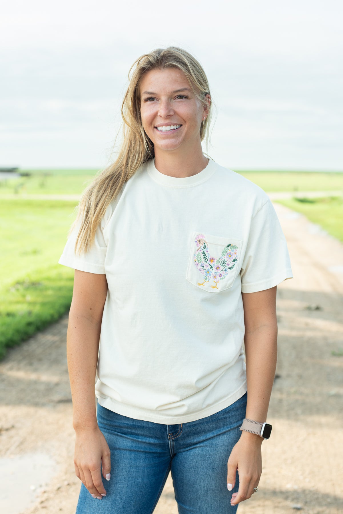 Embroidered Floral Chicken Pocket Ivory Tee