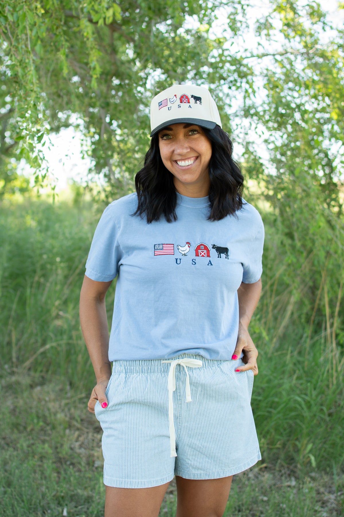 Embroidered 'USA' Farm Life Blue Tee