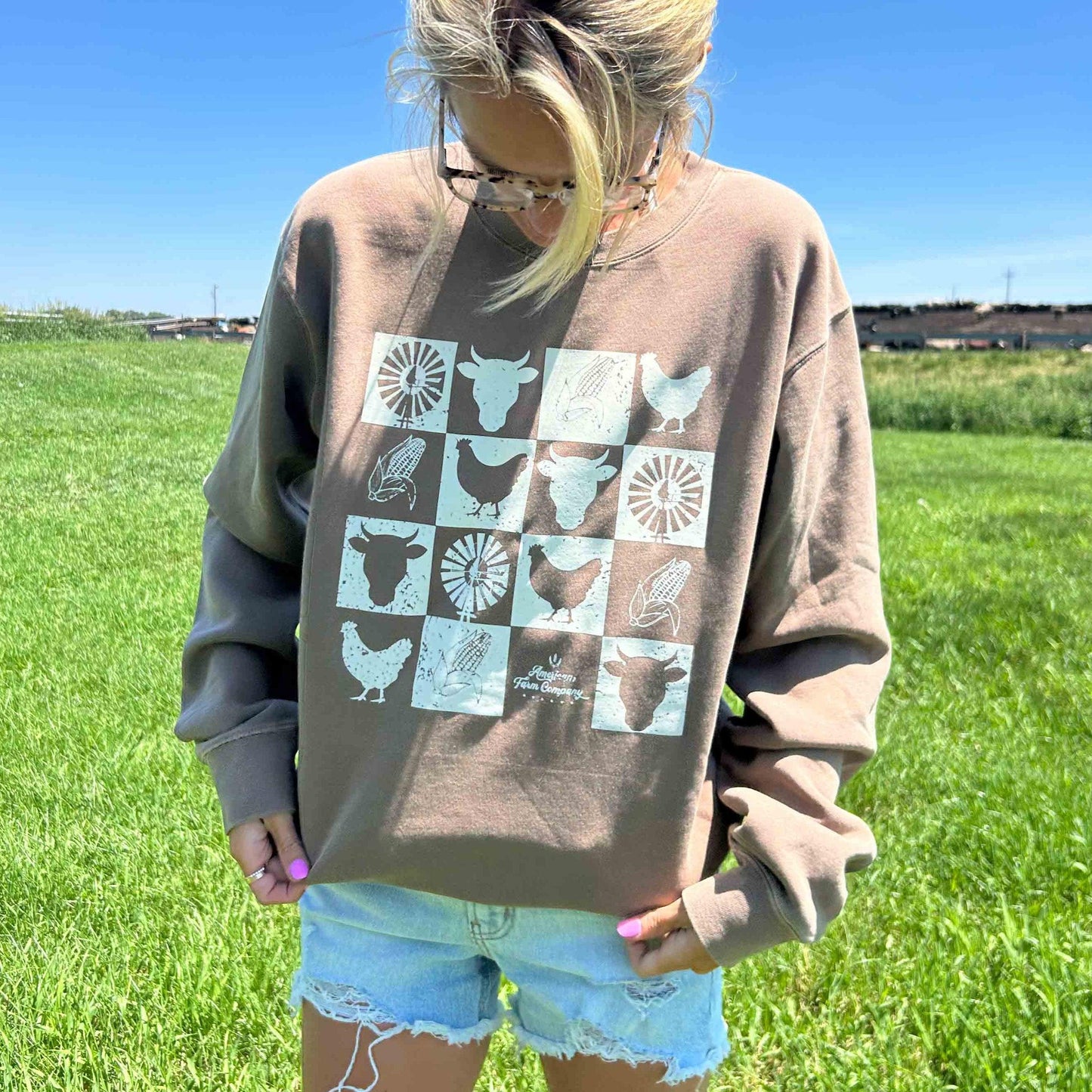 Farm Checkers Washed Brown Crewneck - American Farm Company