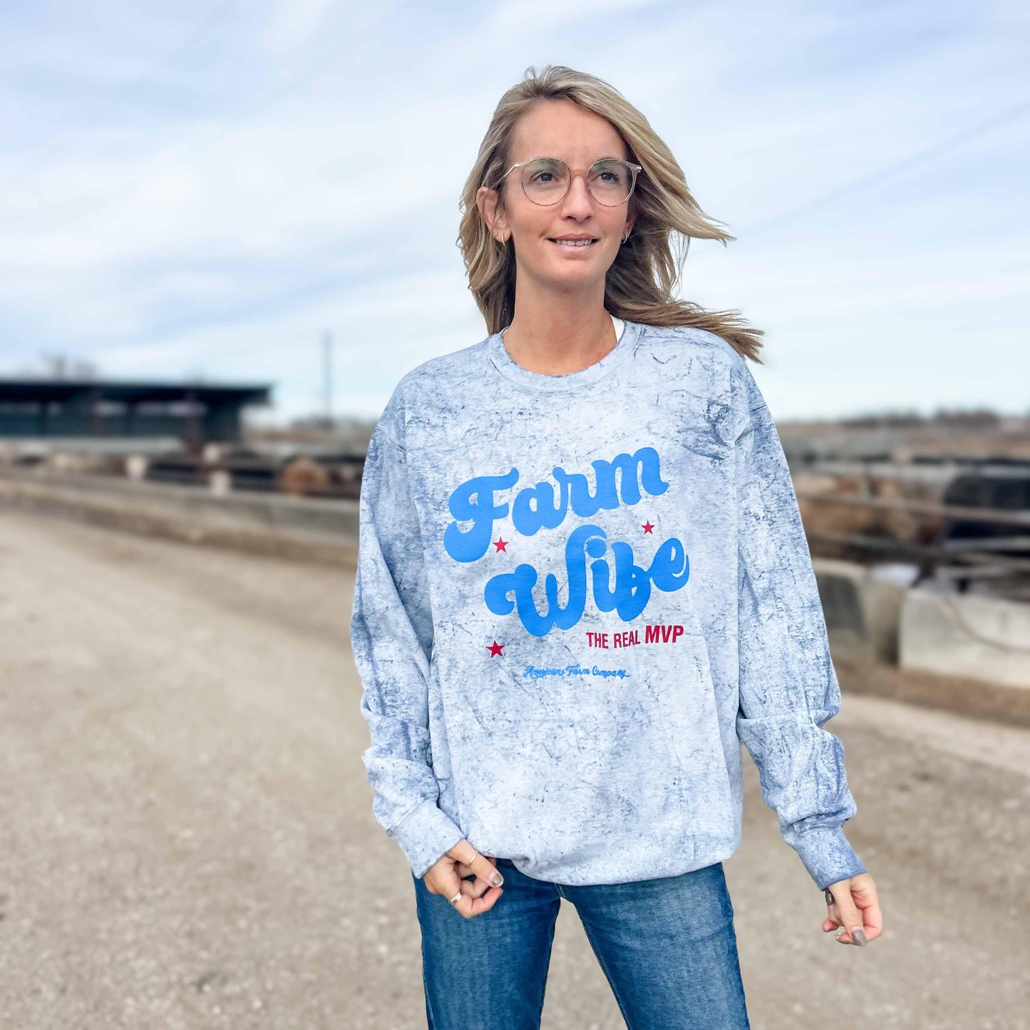'Farm Wife - The Real MVP' Blue Colorblast Crewneck - American Farm Company