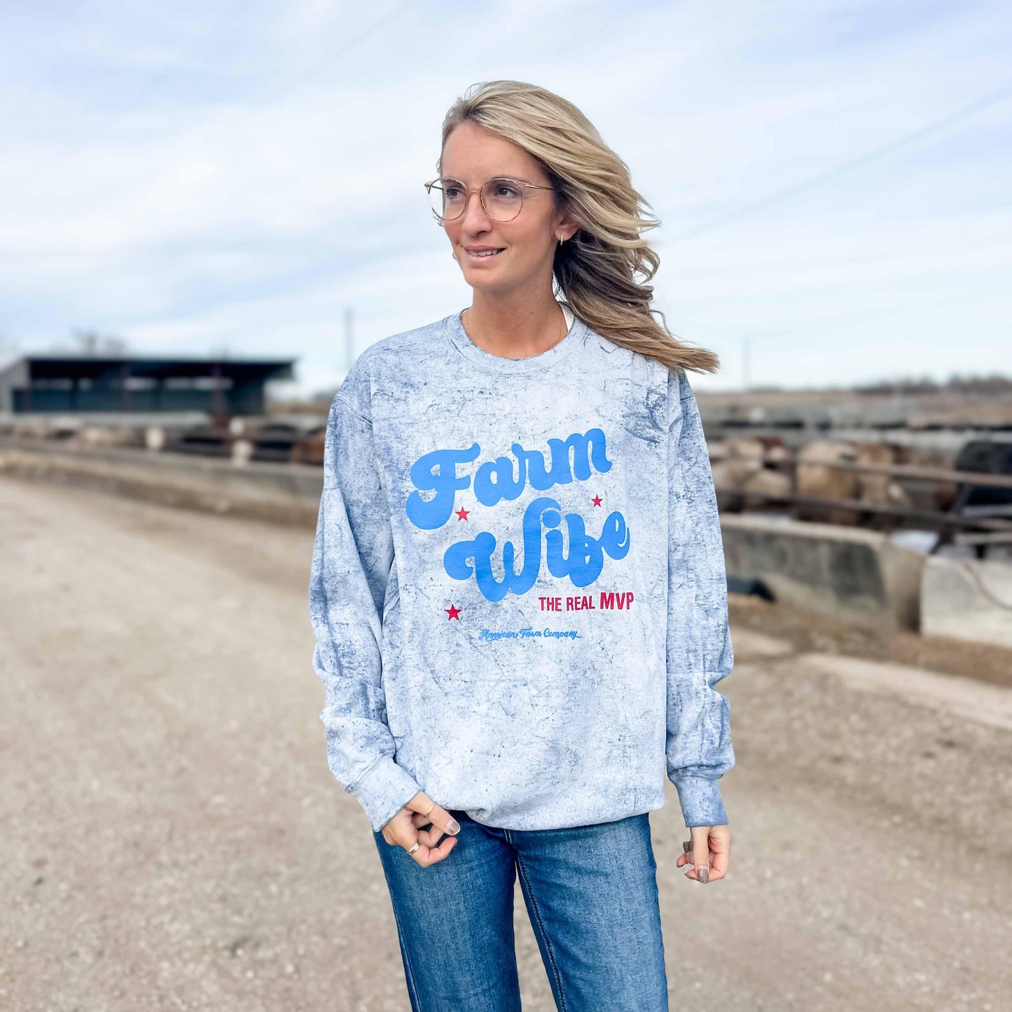 'Farm Wife - The Real MVP' Blue Colorblast Crewneck - American Farm Company