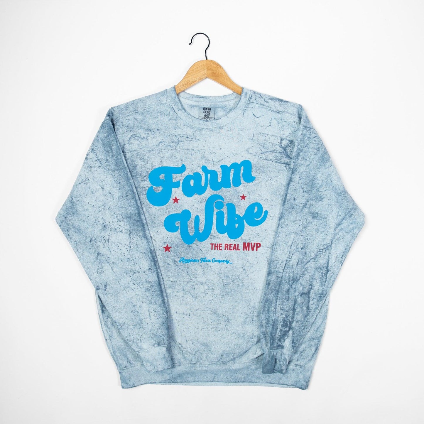 'Farm Wife - The Real MVP' Blue Colorblast Crewneck - American Farm Company