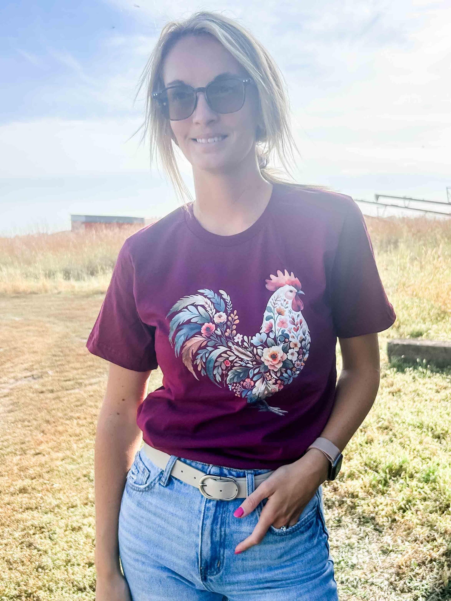 Floral Chicken Maroon Tee - American Farm Company