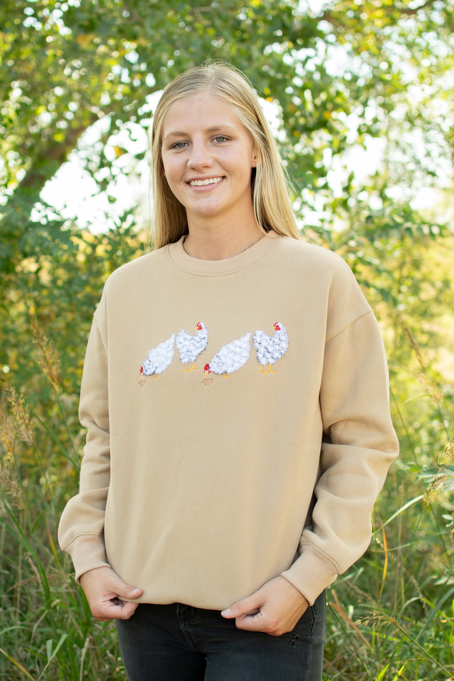Fluffy White Chicken Tan Crewneck