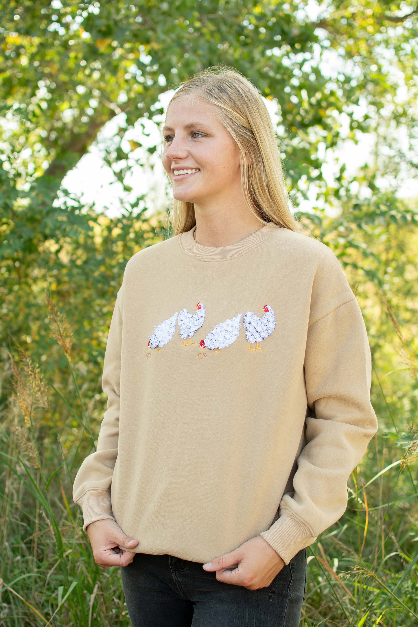 Fluffy White Chicken Tan Crewneck