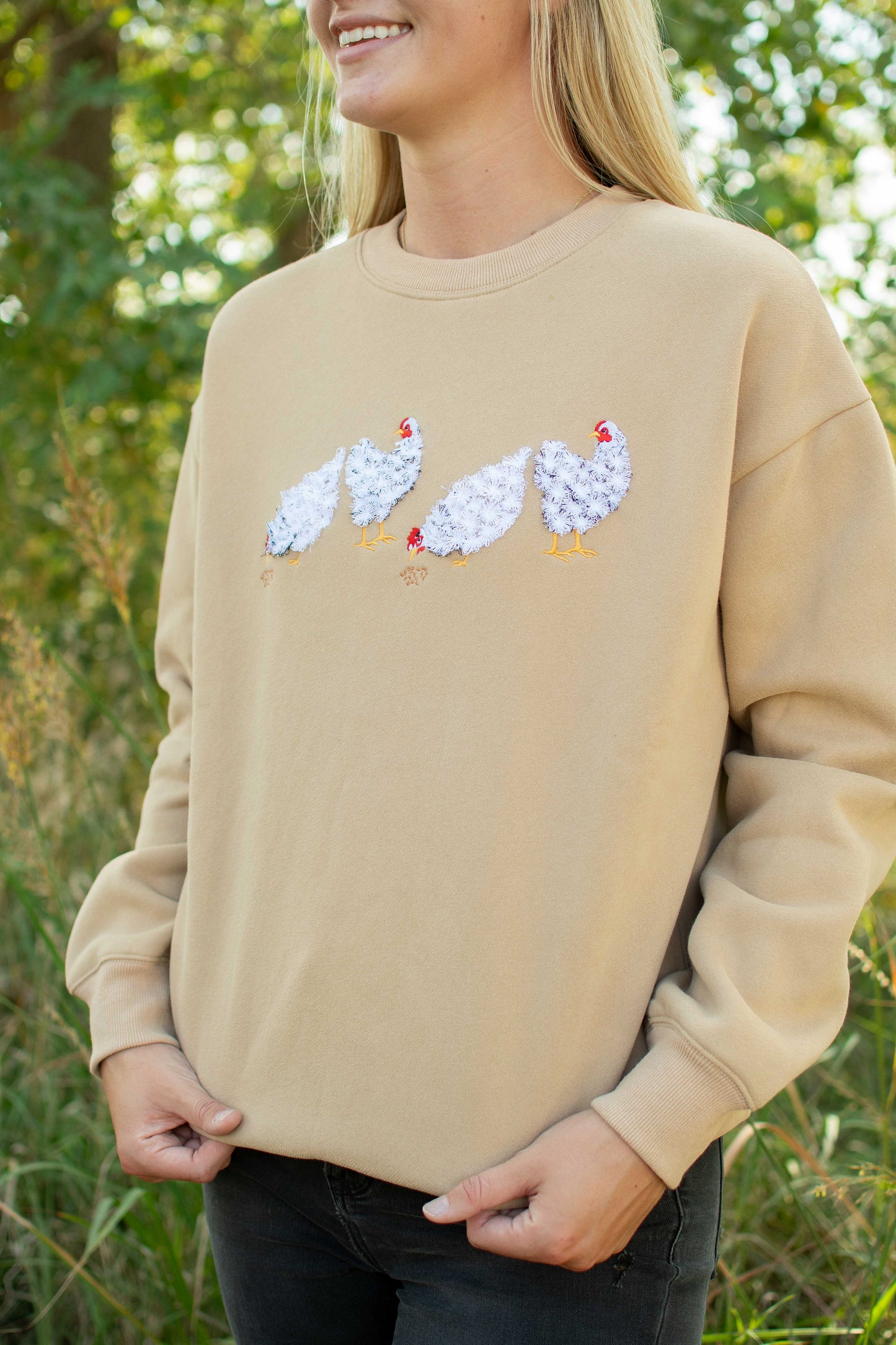 Fluffy White Chicken Tan Crewneck