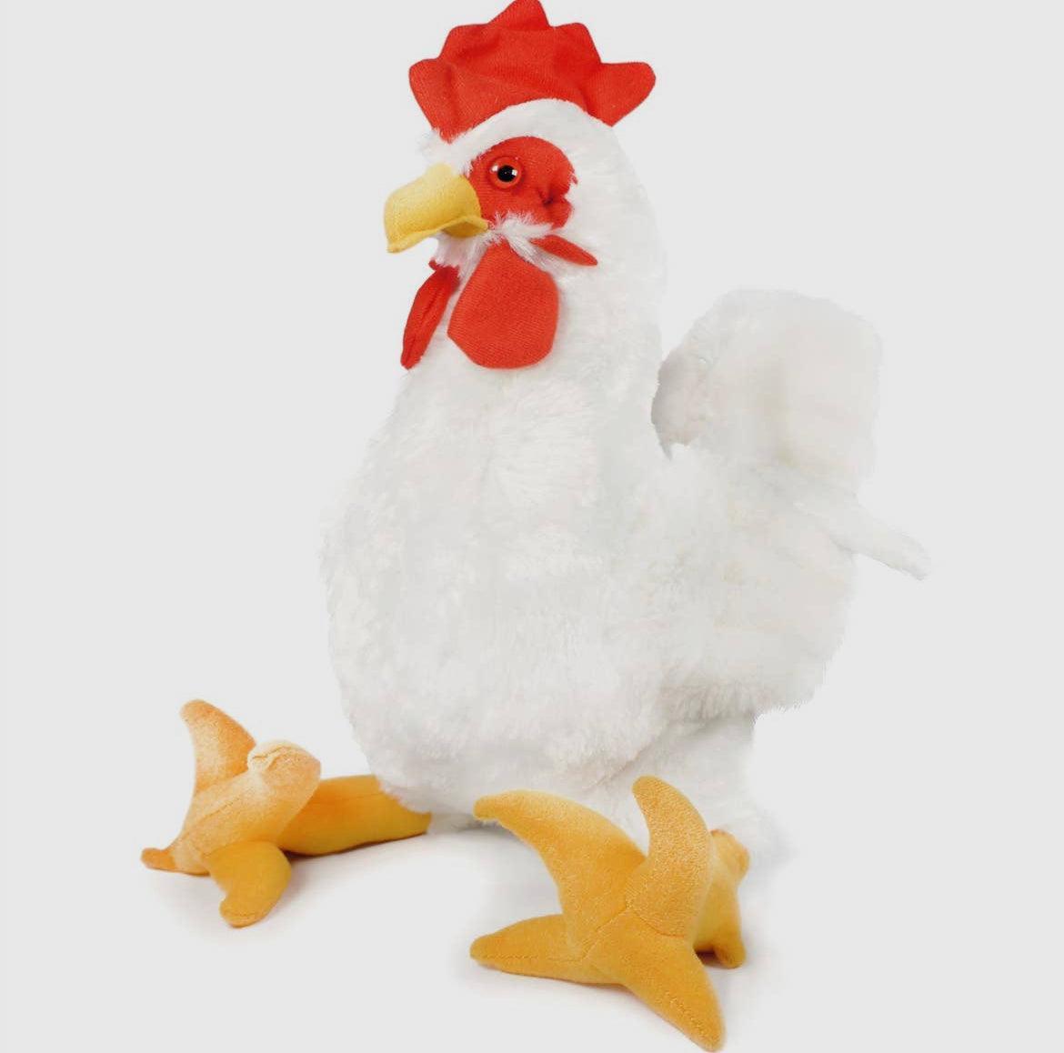 Heritage-inspired plush chicken toy with soft white fur, textured orange feet, and bright red comb, reflecting American Farm Company's rural legacy and playful farmstead décor.