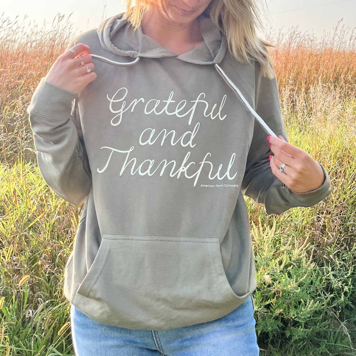 Grateful and Thankful Olive Hoodie - American Farm Company