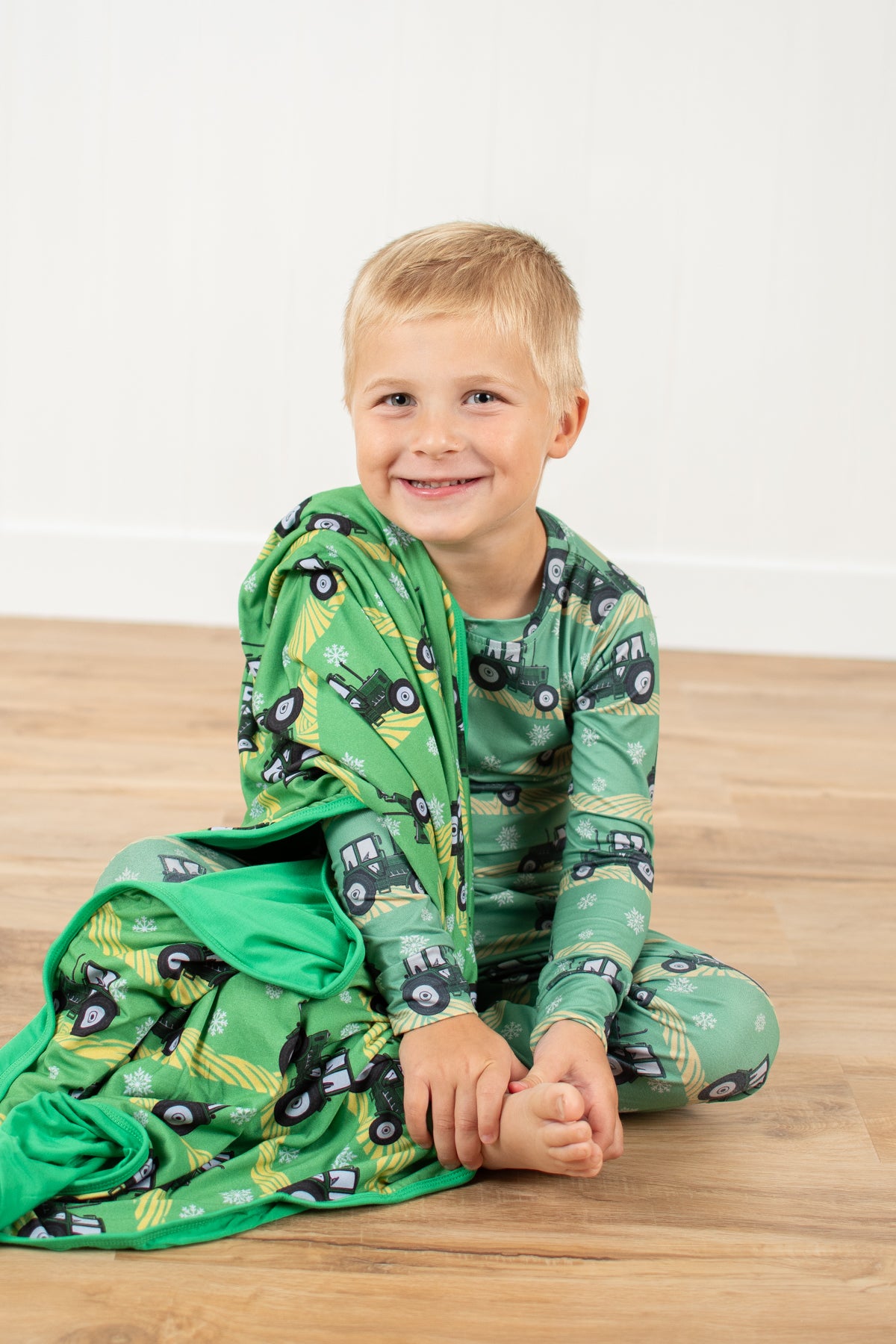 Green Tractor Christmas Kids Bamboo Blanket