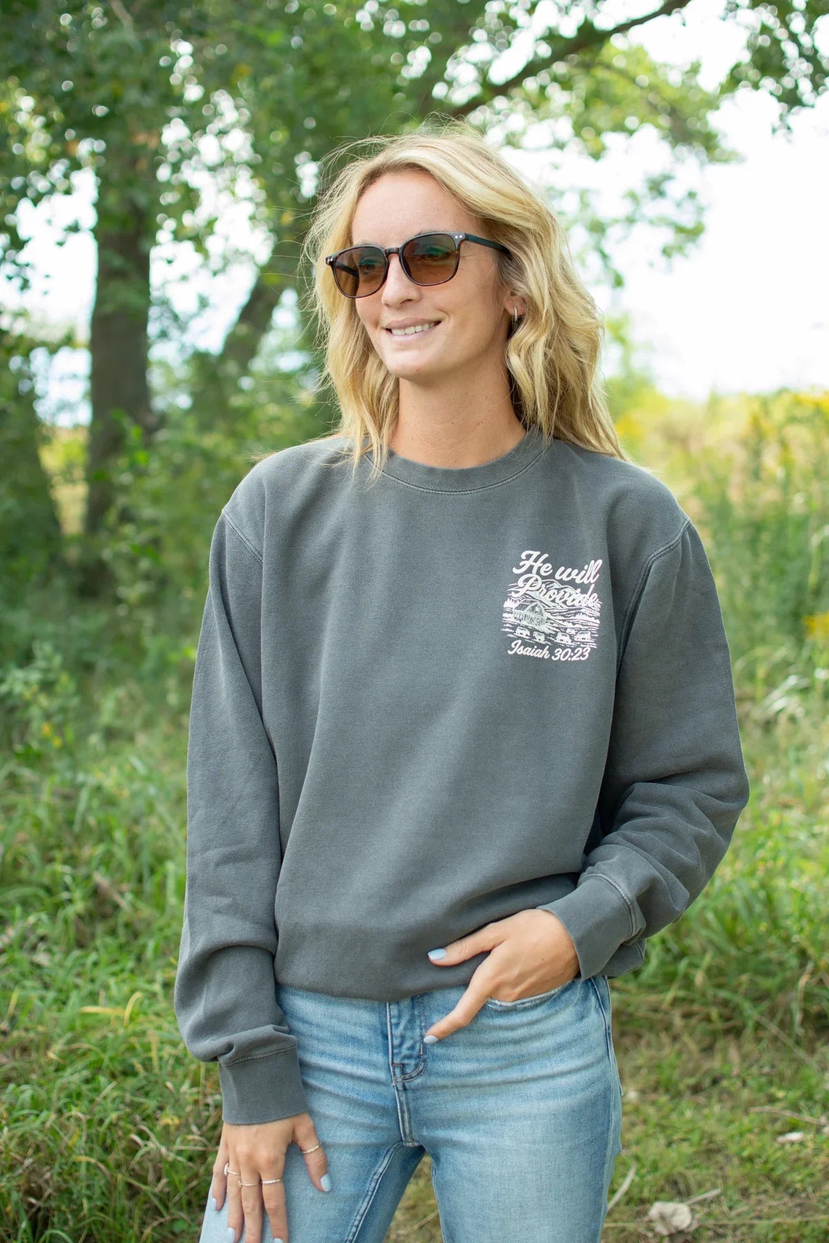 'He Will Provide' Isaiah 30:23 Charcoal Crewneck