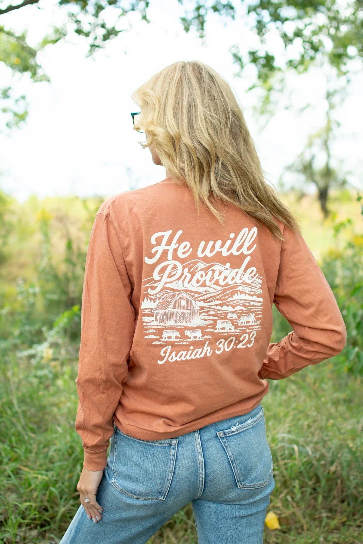 'He Will Provide' Isaiah 30:23 Rust Long Sleeve