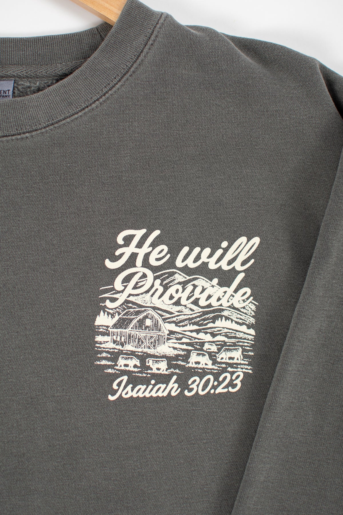 'He Will Provide' Isaiah 30:23 Charcoal Crewneck