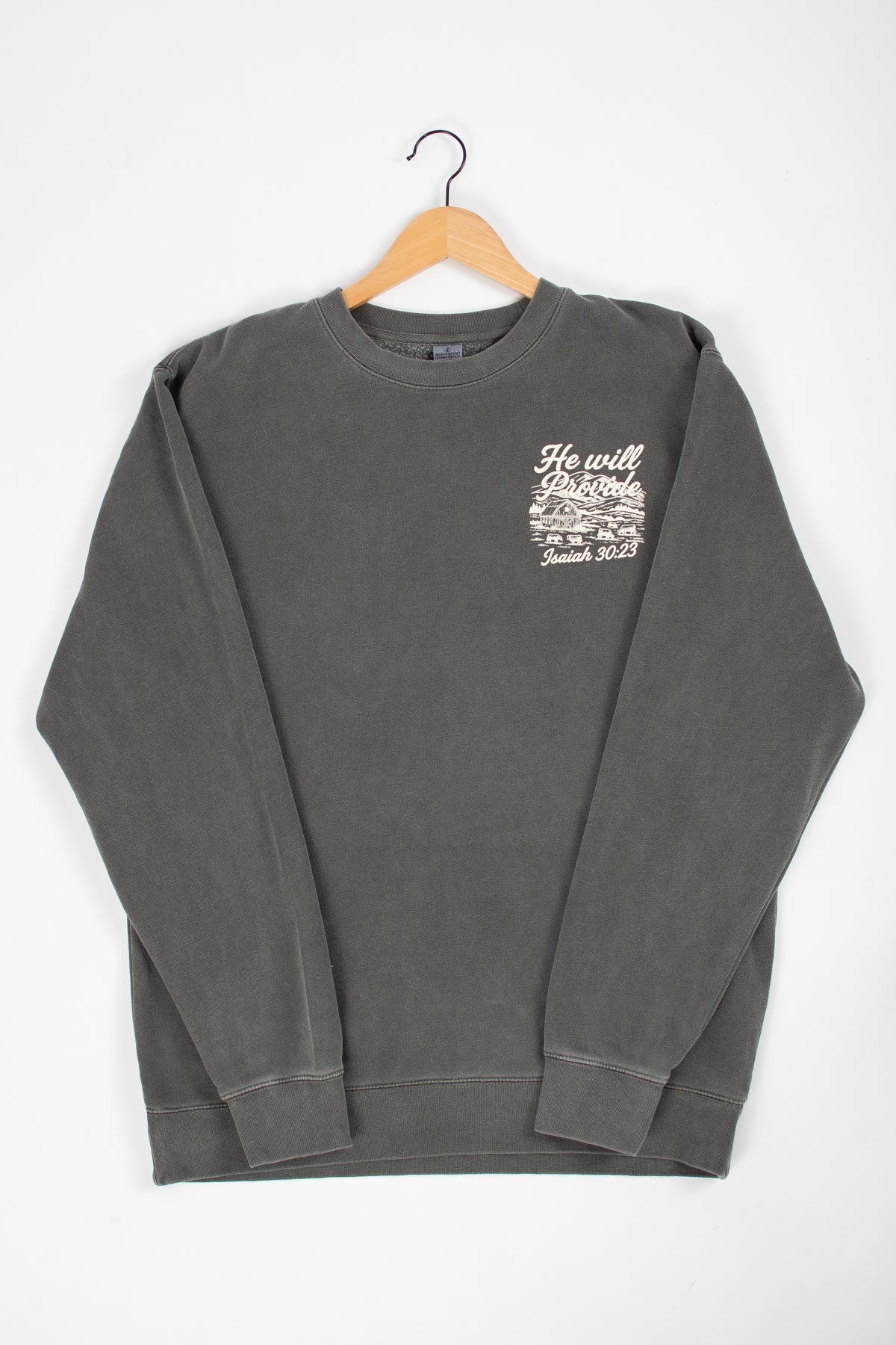 'He Will Provide' Isaiah 30:23 Charcoal Crewneck
