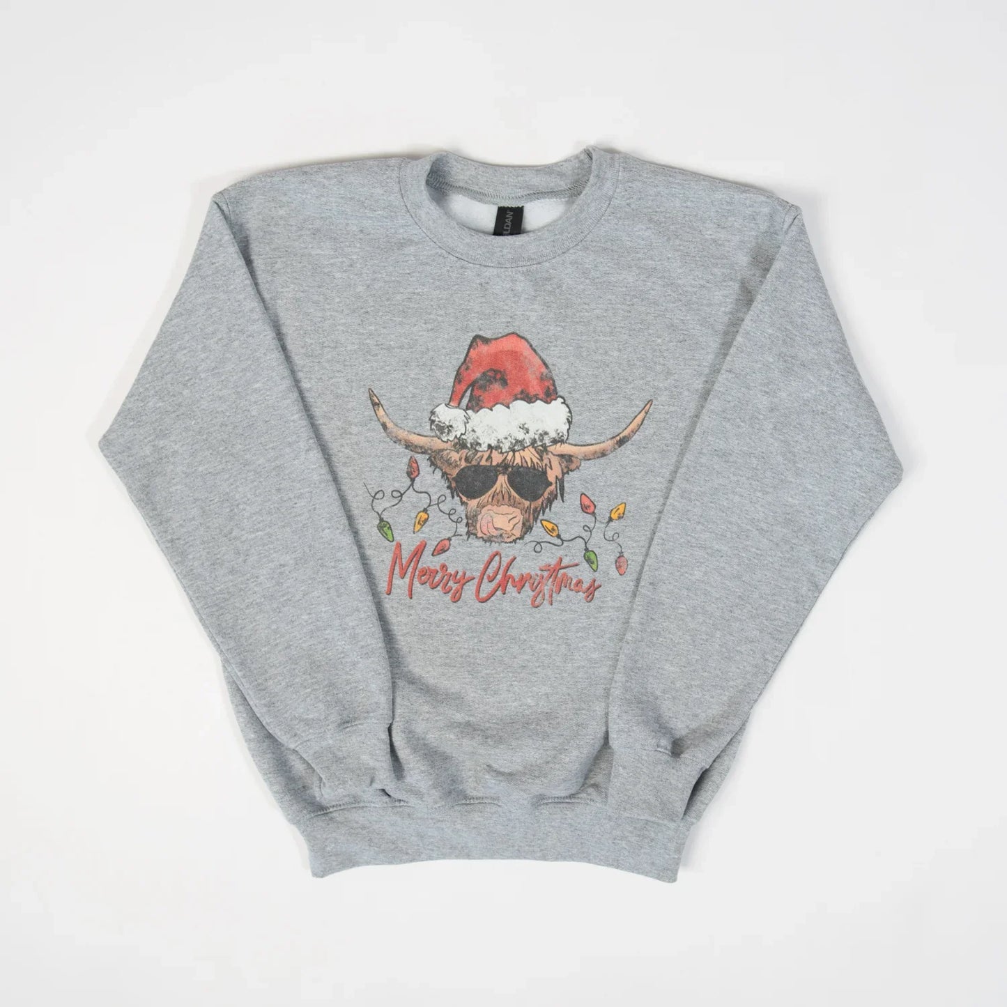 Highland Cow Retro Christmas Youth Grey Crewneck - American Farm Company