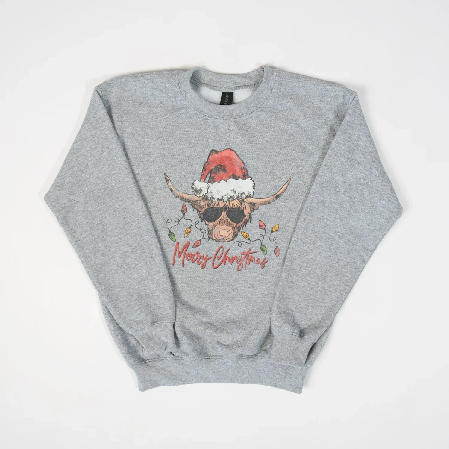 Highland Cow Retro Christmas Youth Grey Crewneck - American Farm Company