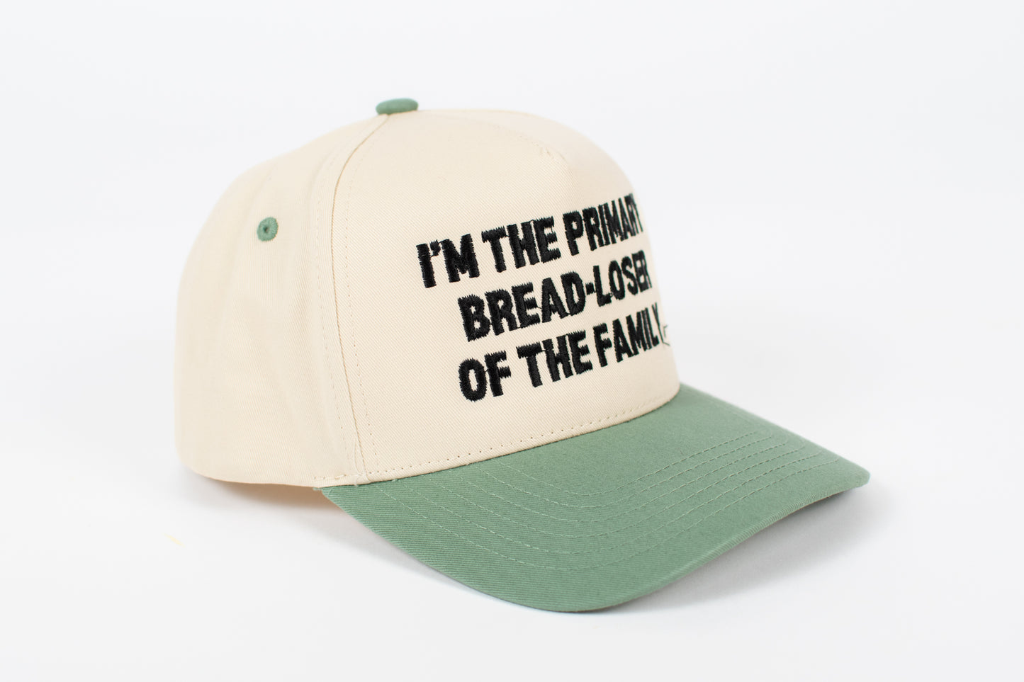 'I'm the Primary Bread-Loser of the Family.' Sage Embroidered Trucker Hat