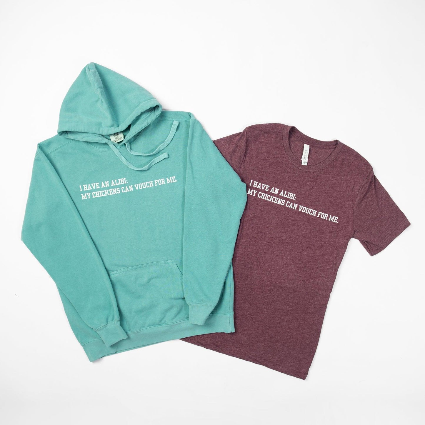 'I have an alibi: my chickens can vouch for me' Maroon Tee - American Farm Company