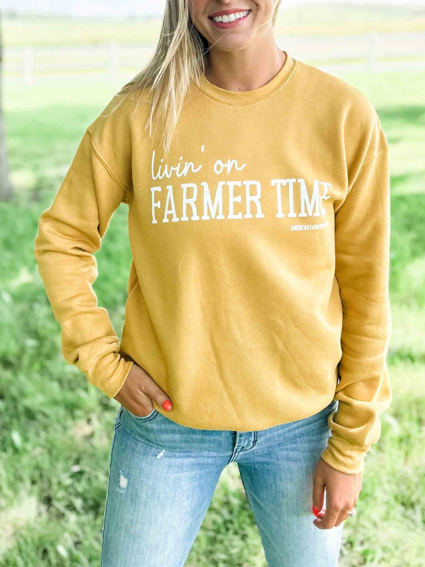Livin’ on Farmer Time Mustard Crewneck - American Farm Company