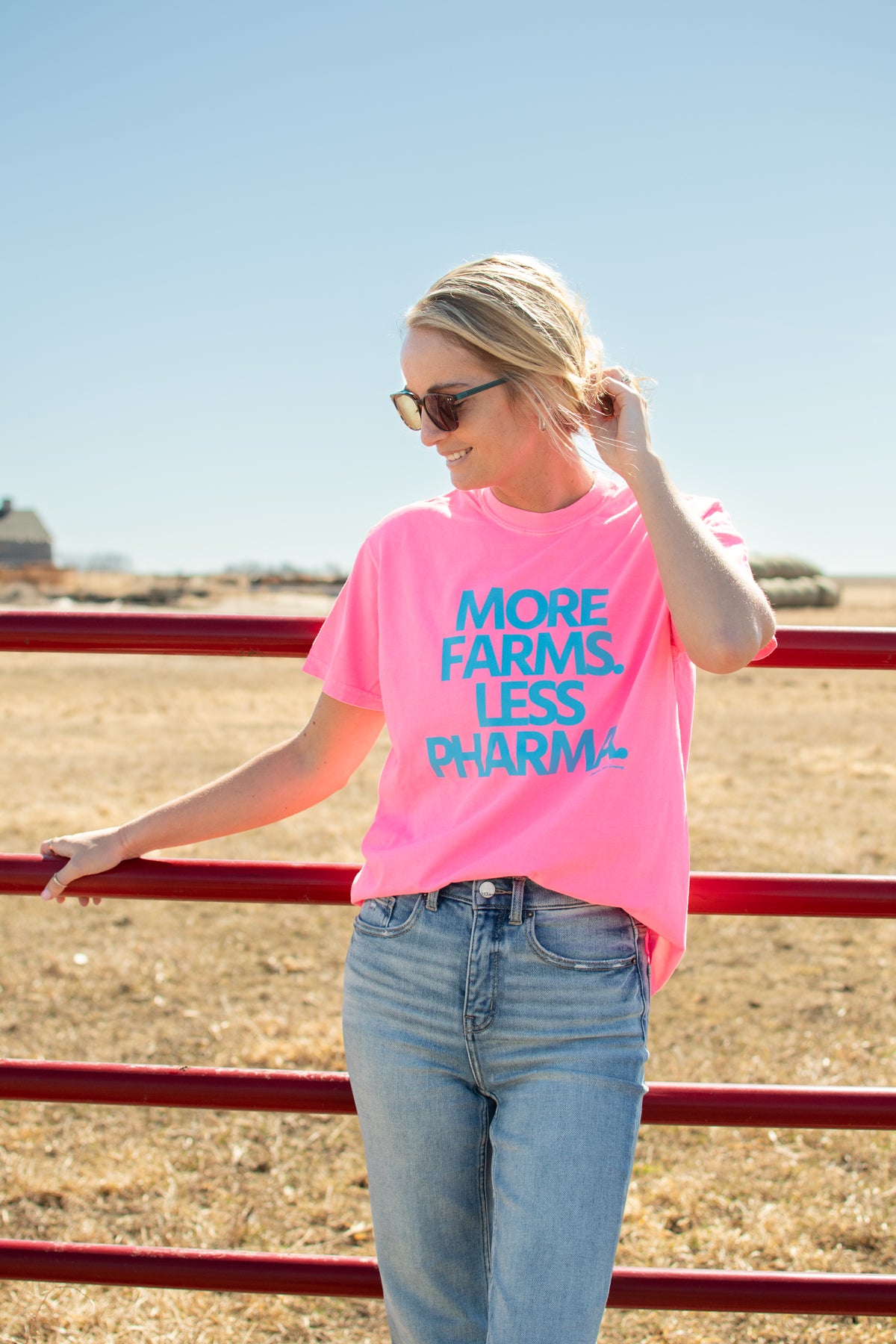 'More Farms. Less Pharma.' Neon Pink Tee