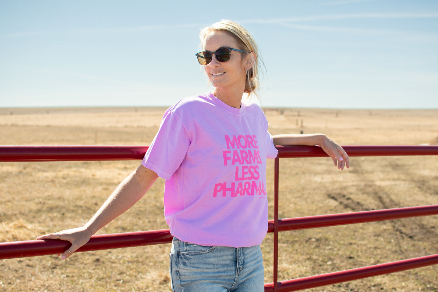 'More Farms. Less Pharma.' Neon Purple Tee