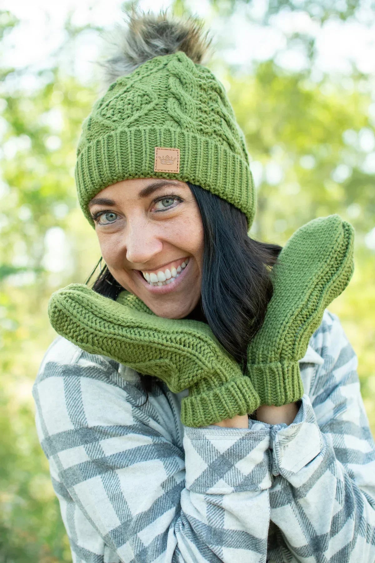 Olive Cable Knit Pom Hat