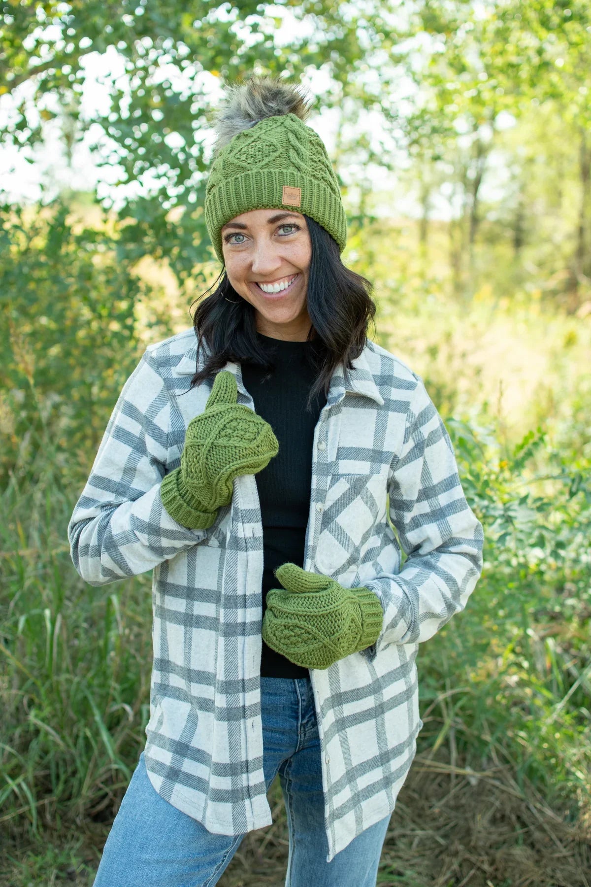 Olive Cable Knit Pom Hat