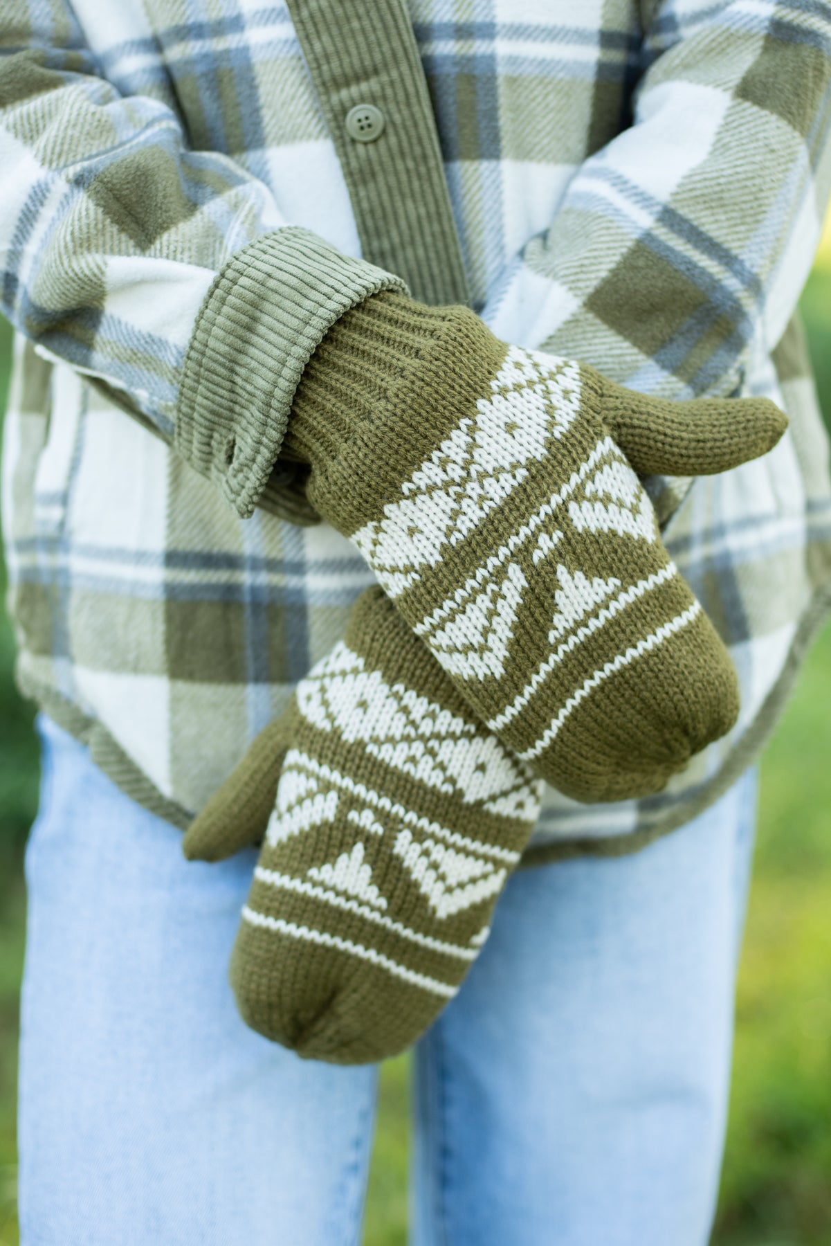 Olive & Cream Patterned Mittens